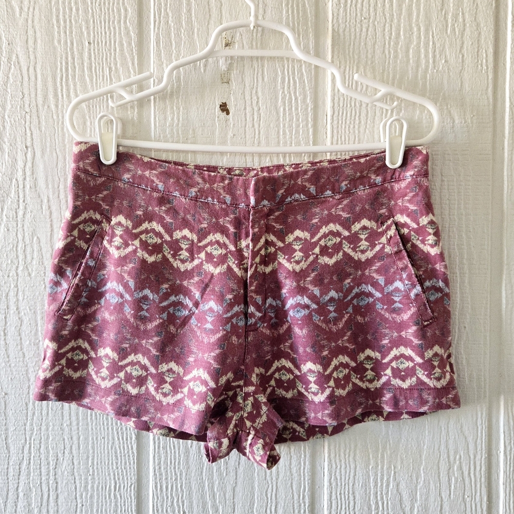 Free People Abstract Ikat Print Linen Shorts Pockets Beachy Coastal Pink sz 8